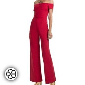 Trina Turk Aviana Jumpsuit Red Off The Shoulder Wide Leg Stretch Pants 12 NEW